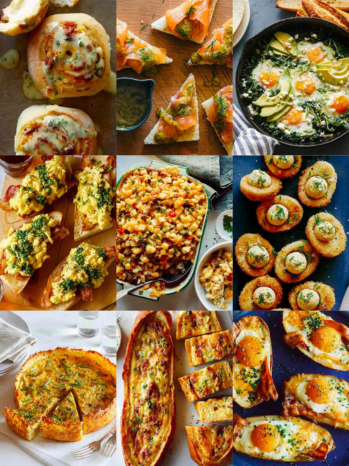 A collage of Easter brunch dishes including Asparagus Quiche, Ham Tetrazzini, and Carrot Cake Trifle.