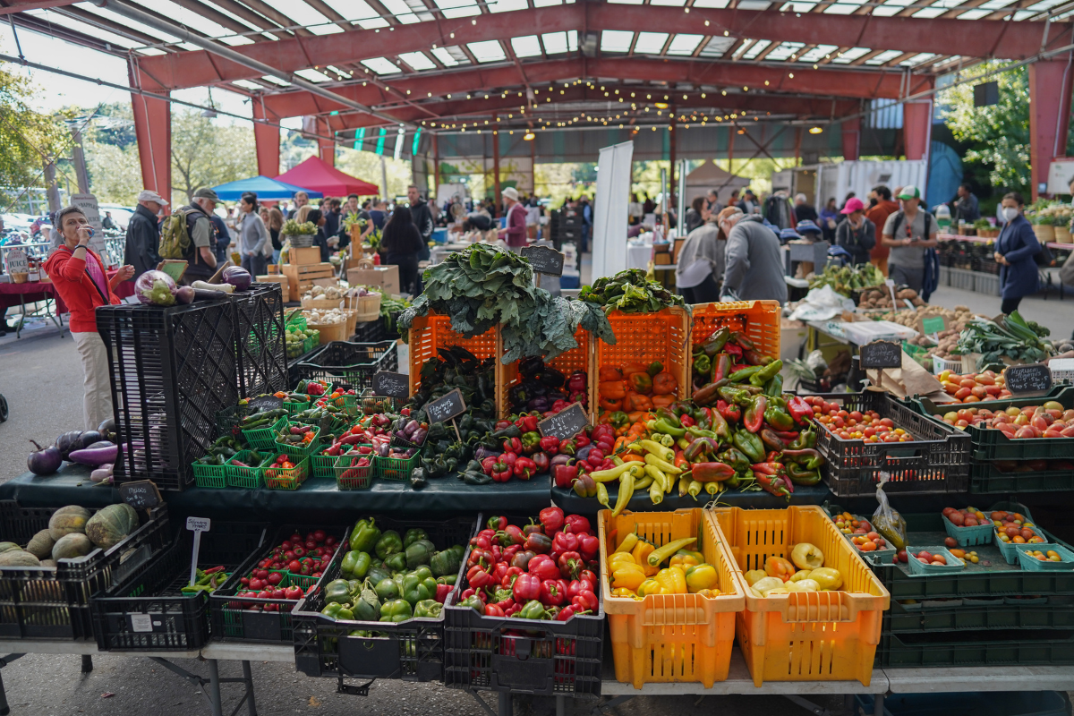 Vibrant local farmers market in the Pacific Northwest featuring seasonal produce