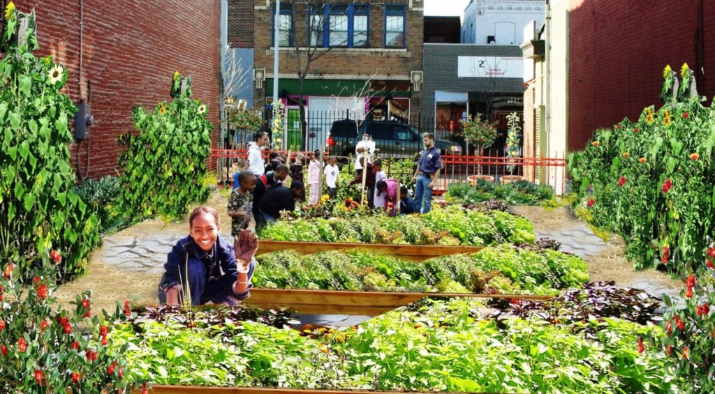 Shared community garden with individual plots and communal areas for tools and resources.